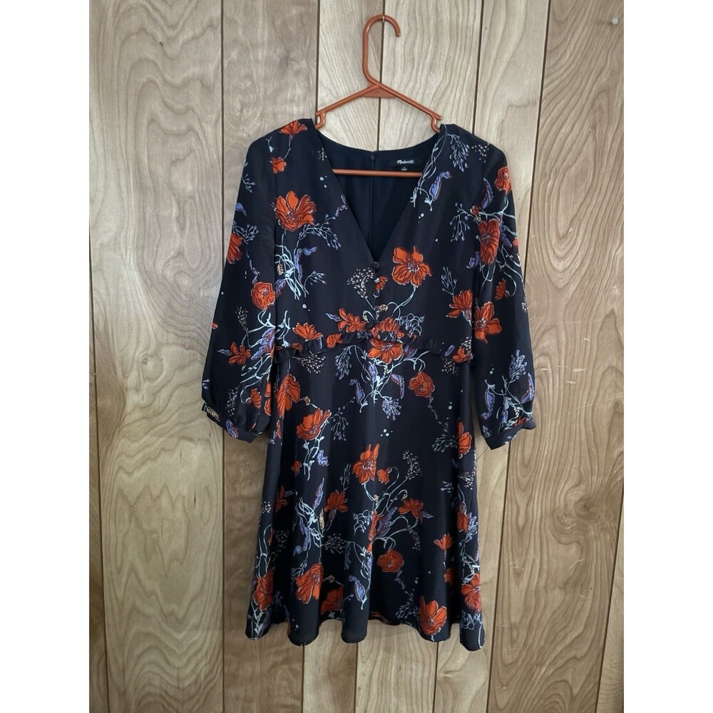 Madewell Silk Floral Poppy V-Neck Mini Dress Navy Red 0 Three Quarter Sleeve